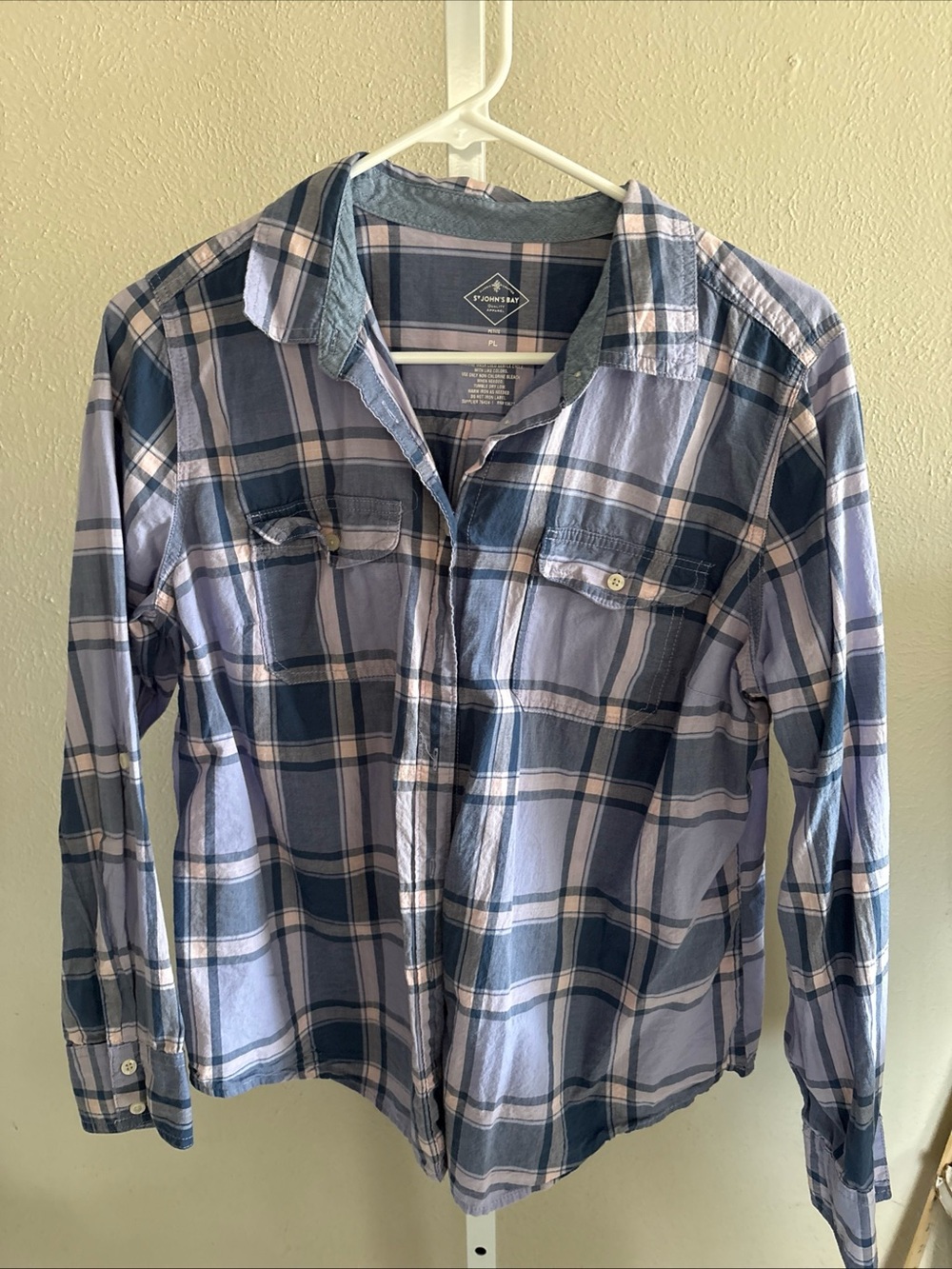Light Blue and Navy Plaid Button-Up Shirt Size Petite Large